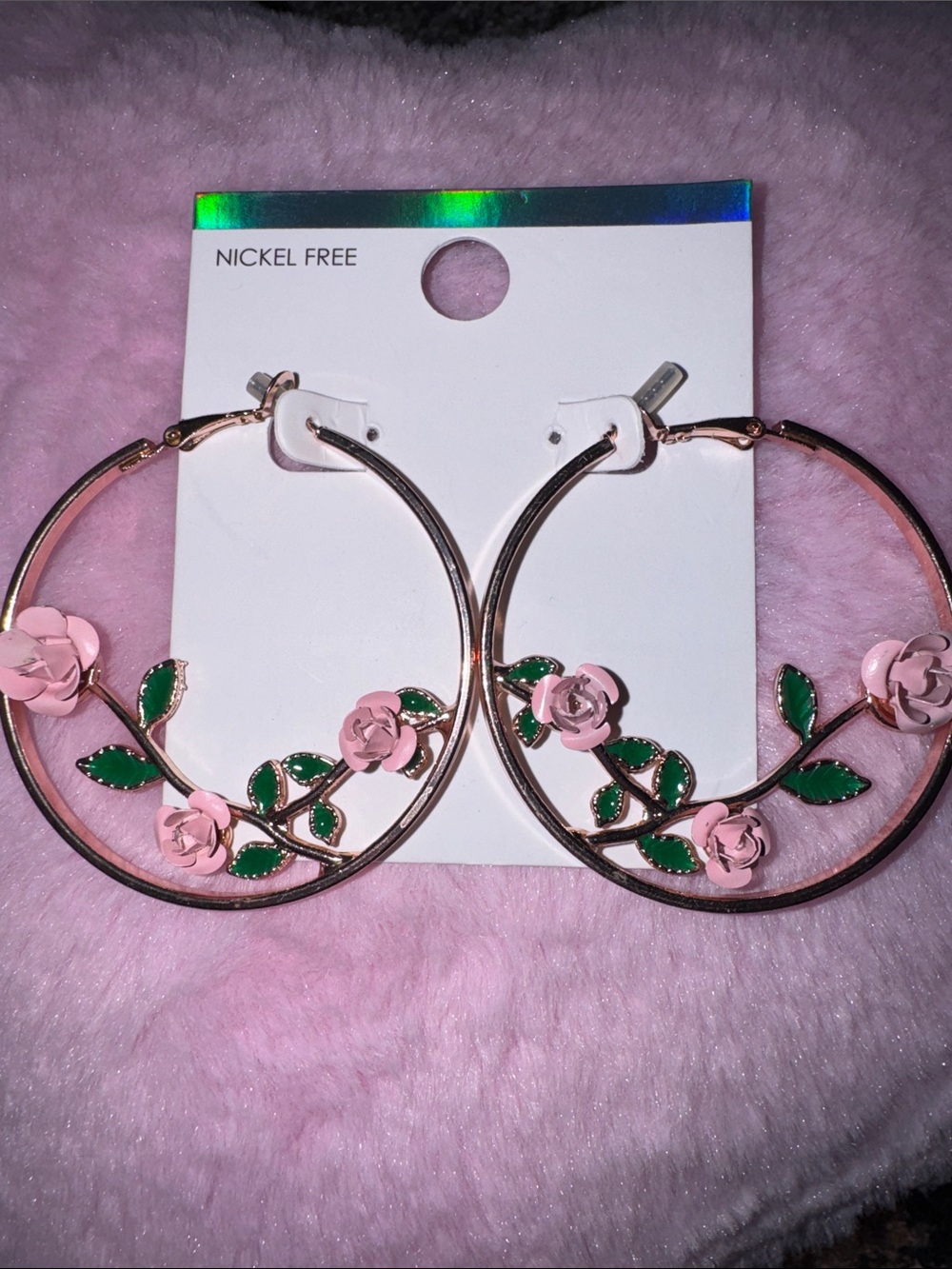 Floral Hoop Earrings - Pink Rose and Green Leaf Design
